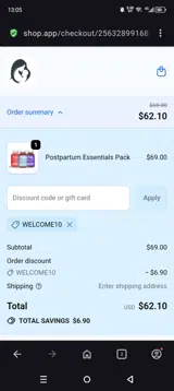 WELCOME10 coupon verification screenshot