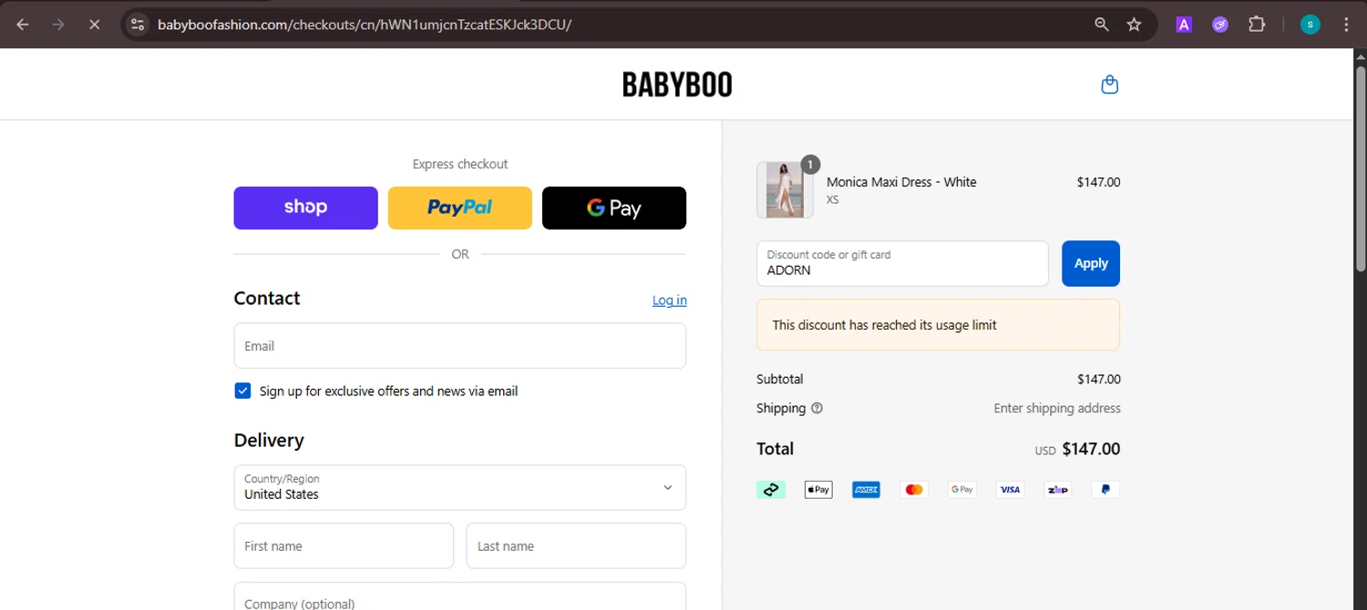 Babyboo Fashion discount code screenshot showing code ADORN applied at Babyboo Fashion checkout page. Uploaded by SimplyCodes community member ValiantChaser7723 on Aug 28, 2025