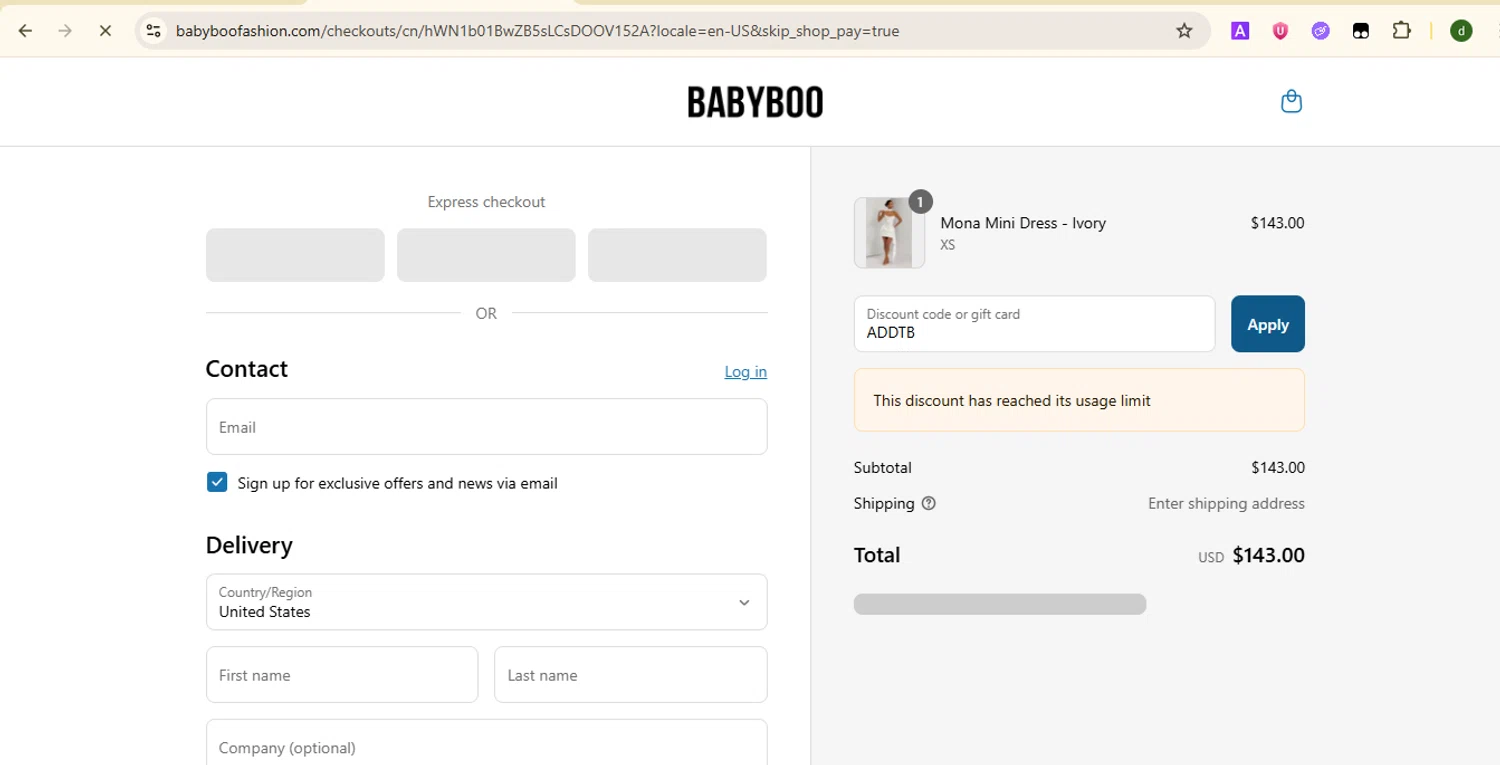 Babyboo Fashion discount code screenshot showing code ADDTB applied at Babyboo Fashion checkout page. Uploaded by SimplyCodes community member SmartTitan8055 on Aug 9, 2025