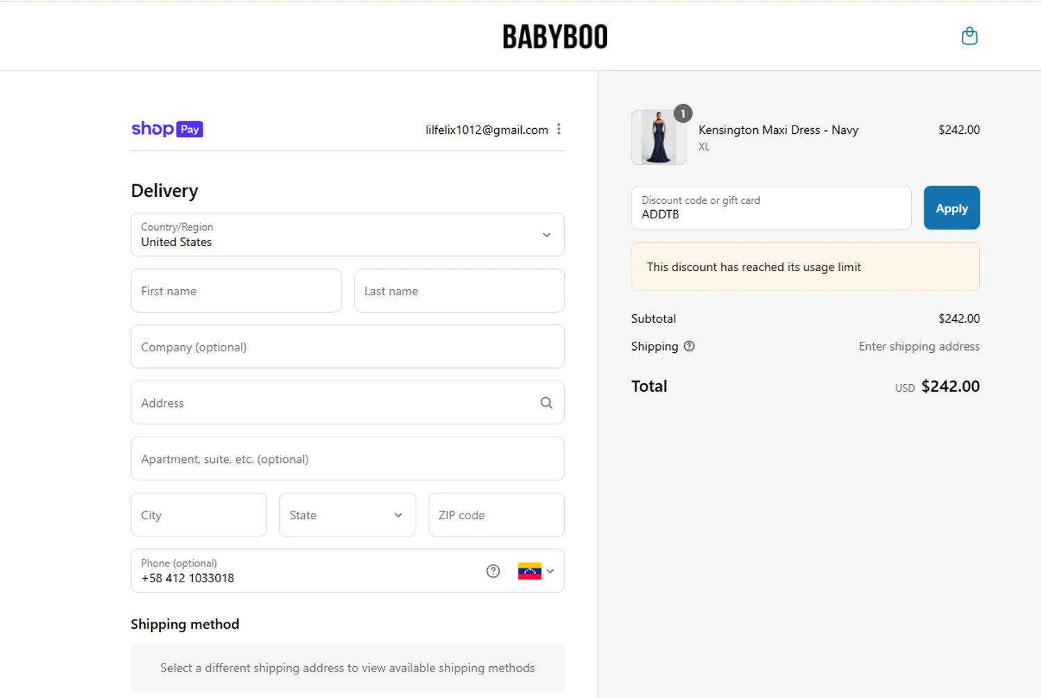 Babyboo Fashion discount code screenshot showing code ADDTB applied at Babyboo Fashion checkout page. Uploaded by SimplyCodes community member lilfeli on Aug 9, 2025