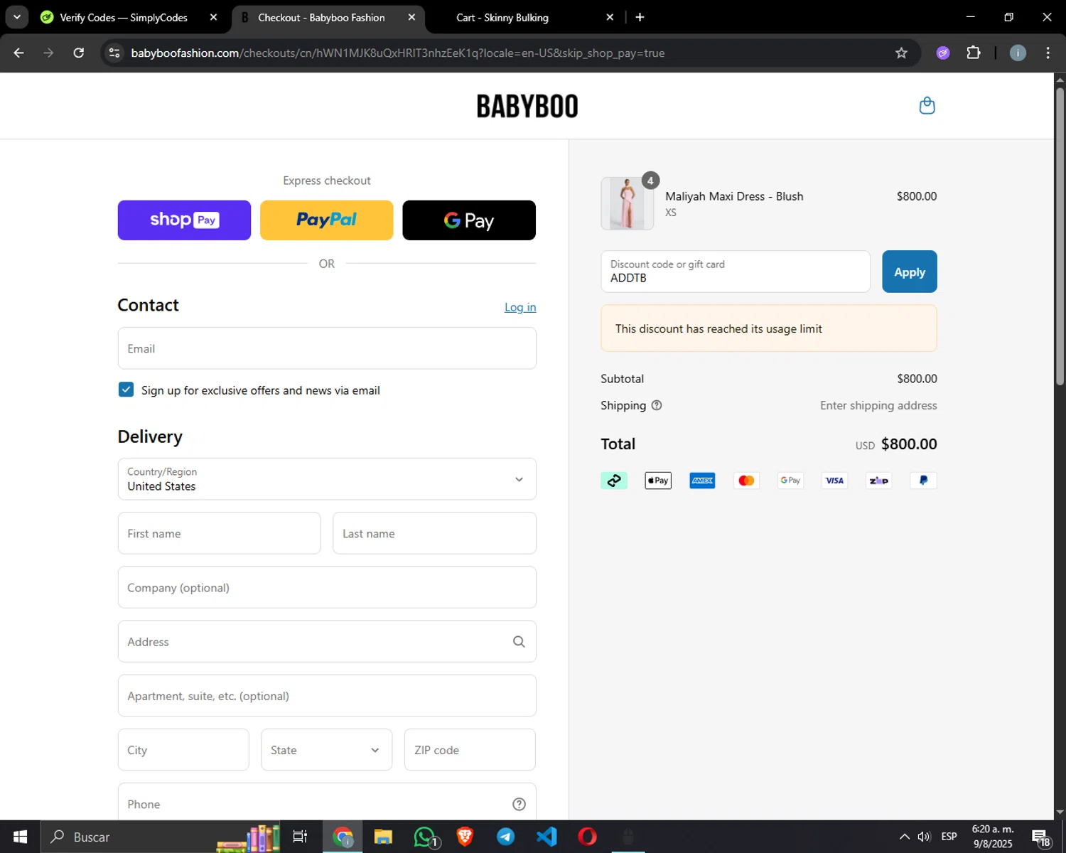 Babyboo Fashion discount code screenshot showing code ADDTB applied at Babyboo Fashion checkout page. Uploaded by SimplyCodes community member vivalachicha on Aug 9, 2025