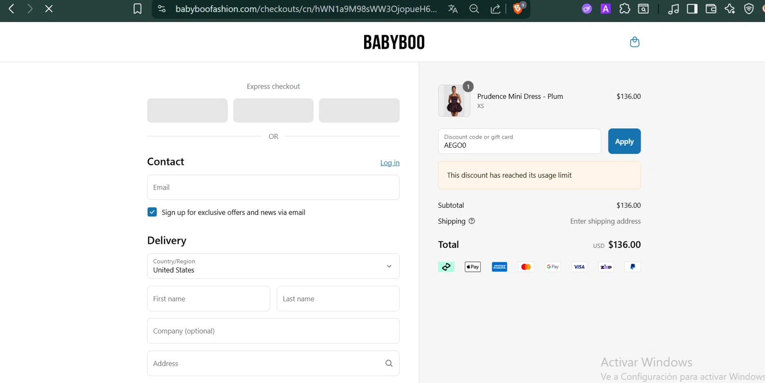 Babyboo Fashion discount code screenshot showing code AEGO0 applied at Babyboo Fashion checkout page. Uploaded by SimplyCodes community member PennyCaptain4684 on Aug 9, 2025