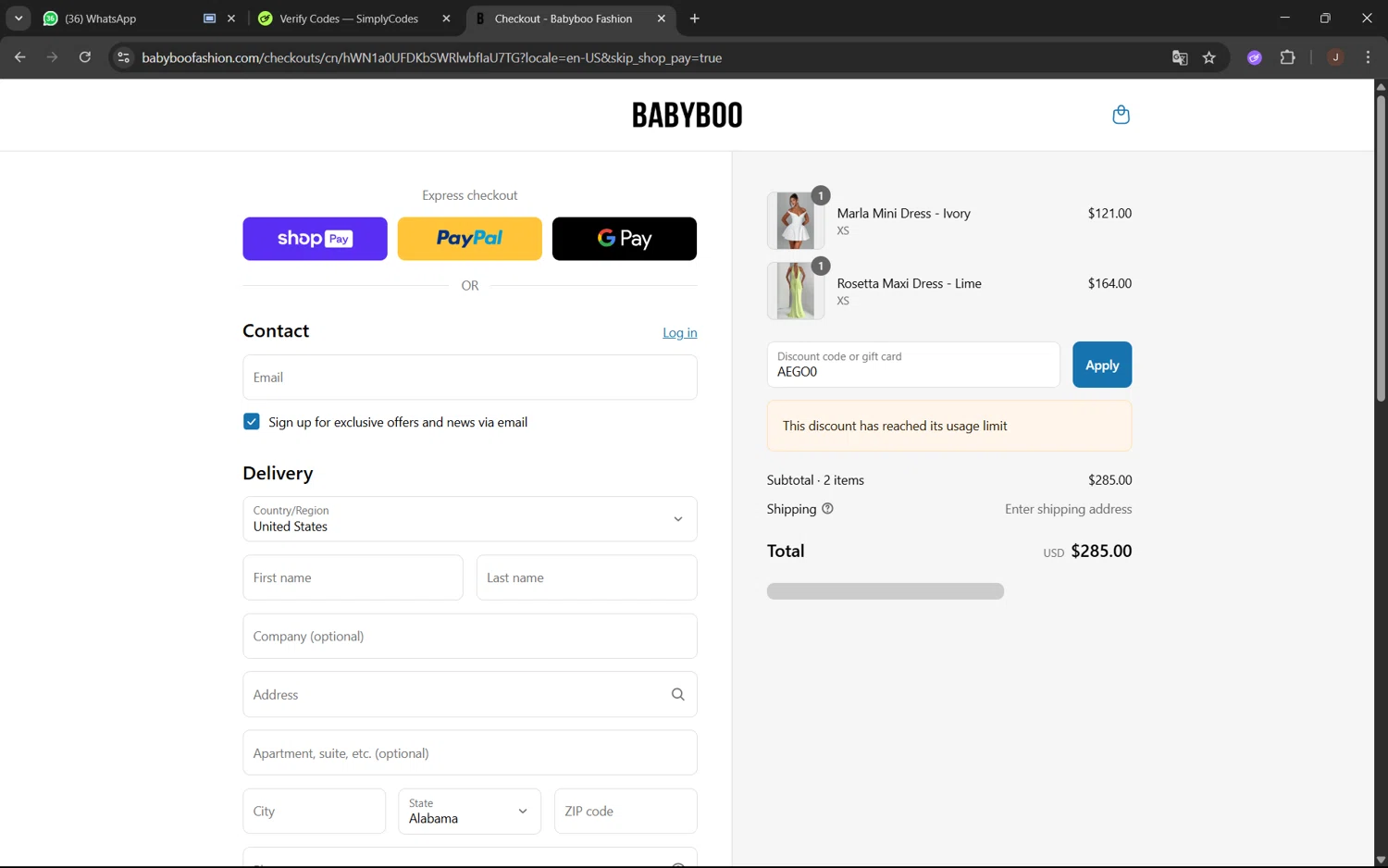 Babyboo Fashion discount code screenshot showing code AEGO0 applied at Babyboo Fashion checkout page. Uploaded by SimplyCodes community member juanx1702 on Aug 8, 2025