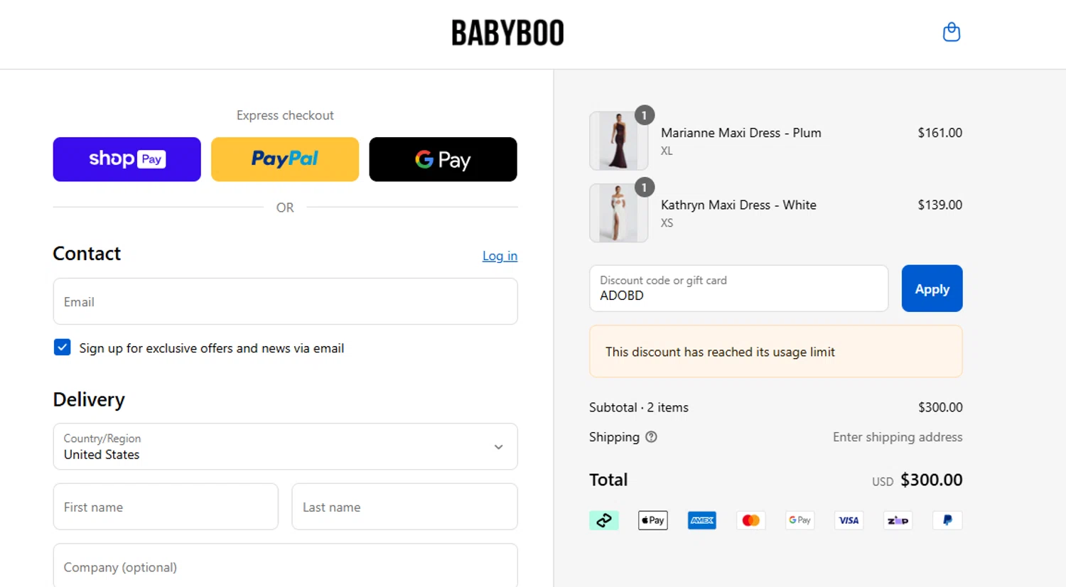 Babyboo Fashion discount code screenshot showing code ADOBD applied at Babyboo Fashion checkout page. Uploaded by SimplyCodes community member Randy2025 on Aug 28, 2025