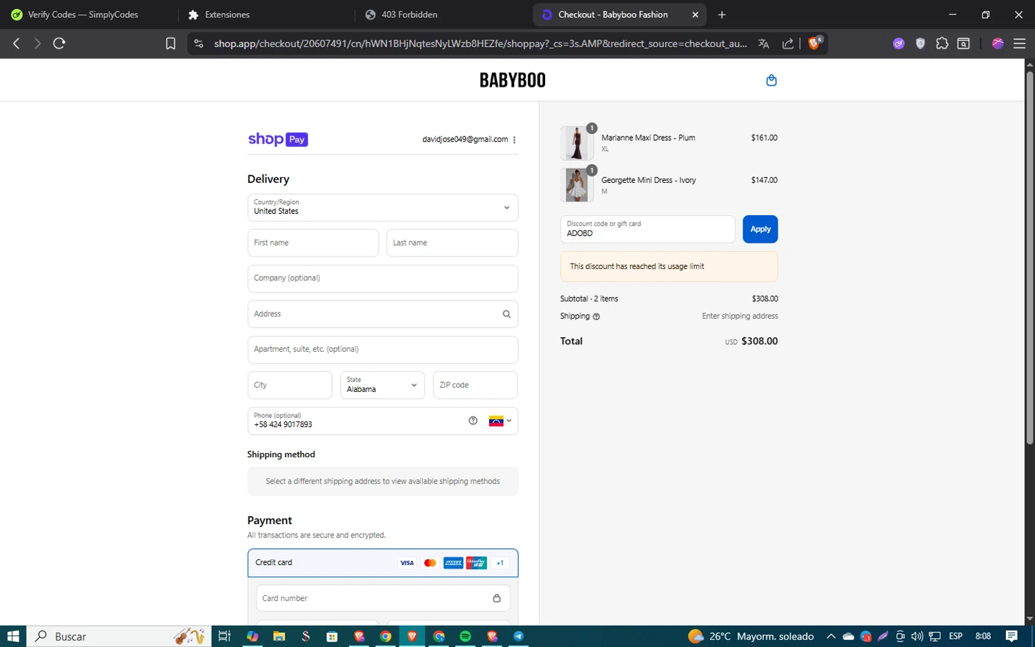 Babyboo Fashion discount code screenshot showing code ADOBD applied at Babyboo Fashion checkout page. Uploaded by SimplyCodes community member SmartSaver5858 on Aug 28, 2025