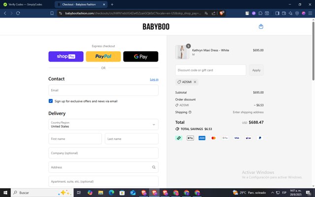 Babyboo Fashion checkout page showing Babyboo Fashion discount code box | Screenshot taken by SimplyCodes community member on Aug 28, 2025