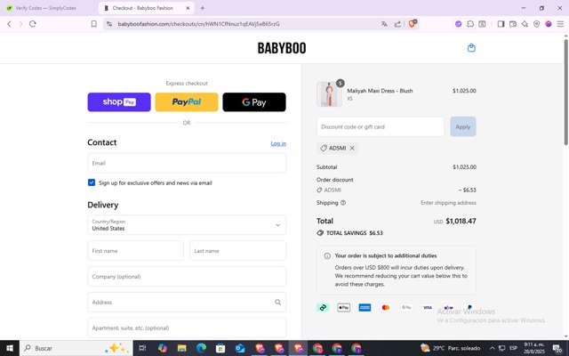 Babyboo Fashion checkout page showing Babyboo Fashion discount code box | Screenshot taken by SimplyCodes community member on Aug 28, 2025