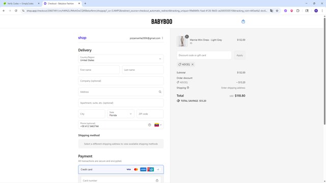Babyboo Fashion checkout page showing Babyboo Fashion discount code box | Screenshot taken by SimplyCodes community member on Aug 29, 2025