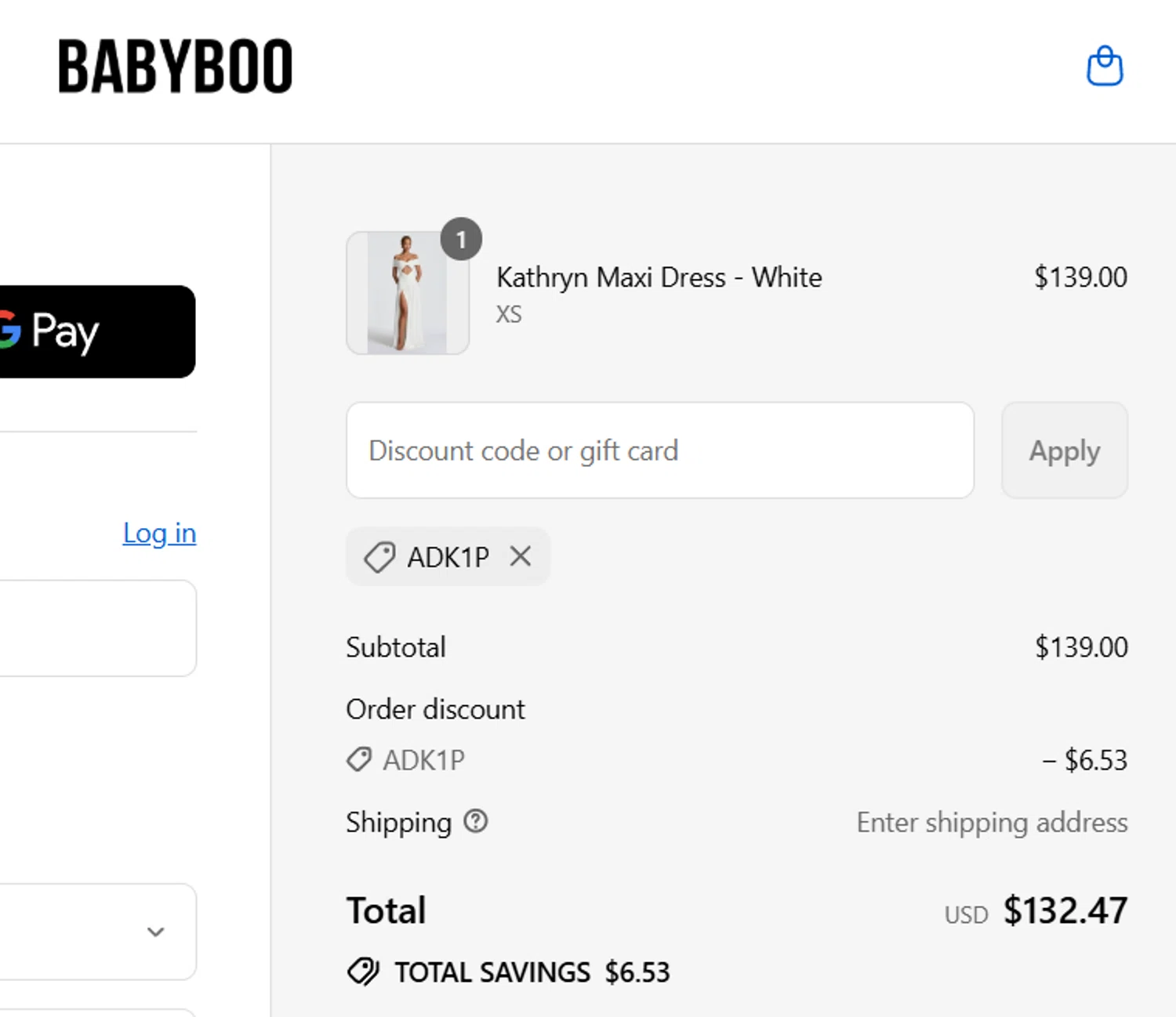 Babyboo Fashion discount code screenshot showing code ADK1P applied at Babyboo Fashion checkout page. Uploaded by SimplyCodes community member PASAJERO_TRUMAN on Aug 29, 2025