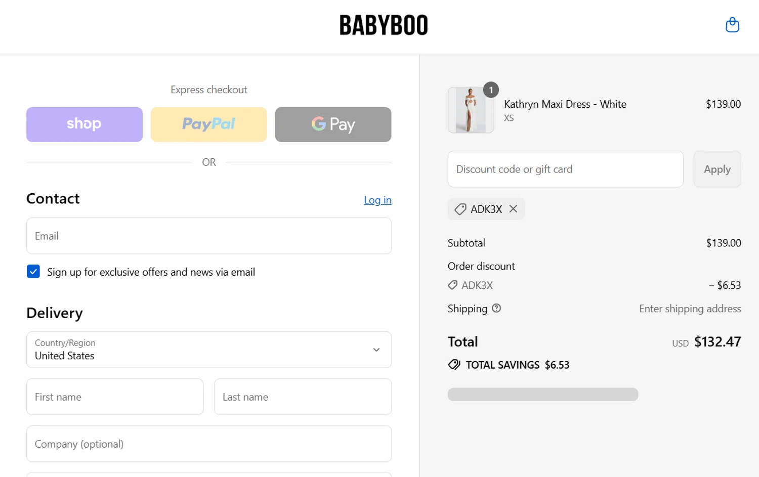 Babyboo Fashion discount code screenshot showing code ADK3X applied at Babyboo Fashion checkout page. Uploaded by SimplyCodes community member PASAJERO_TRUMAN on Aug 29, 2025