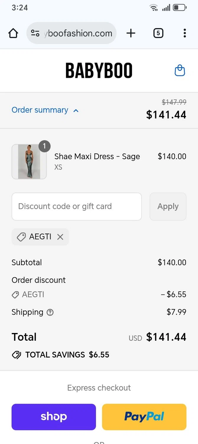 Babyboo Fashion discount code screenshot showing code AEGTI applied at Babyboo Fashion checkout page. Uploaded by SimplyCodes community member franksanchez on Aug 29, 2025