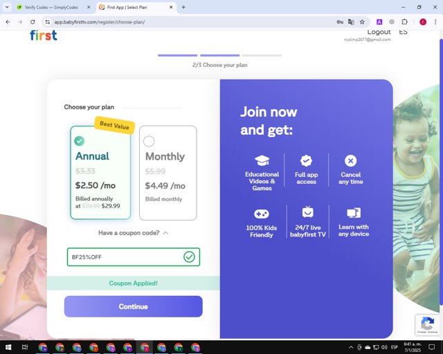 Baby First TV checkout page showing Baby First TV promo code box | Screenshot taken by SimplyCodes community member on Jan 7, 2025