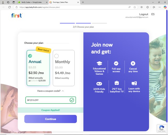 Baby First TV checkout page showing Baby First TV promo code box | Screenshot taken by SimplyCodes community member on Jan 7, 2025
