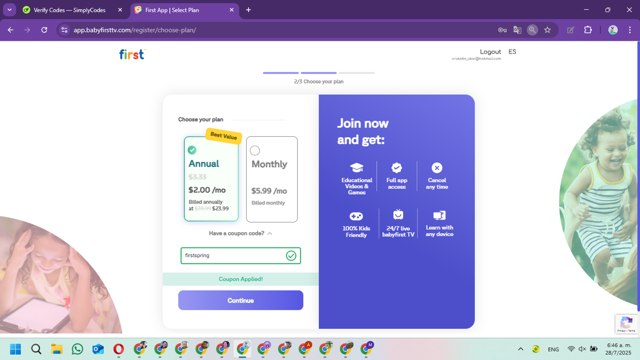 Baby First TV checkout page showing Baby First TV promo code box | Screenshot taken by SimplyCodes community member on Jul 28, 2025