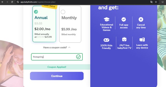 Baby First TV checkout page showing Baby First TV promo code box | Screenshot taken by SimplyCodes community member on Dec 11, 2024
