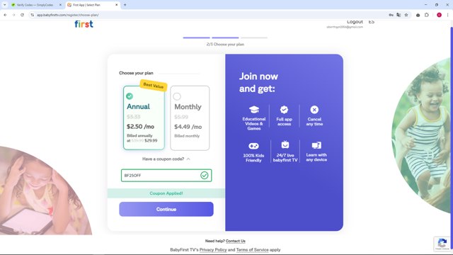 Baby First TV checkout page showing Baby First TV promo code box | Screenshot taken by SimplyCodes community member on Mar 5, 2025
