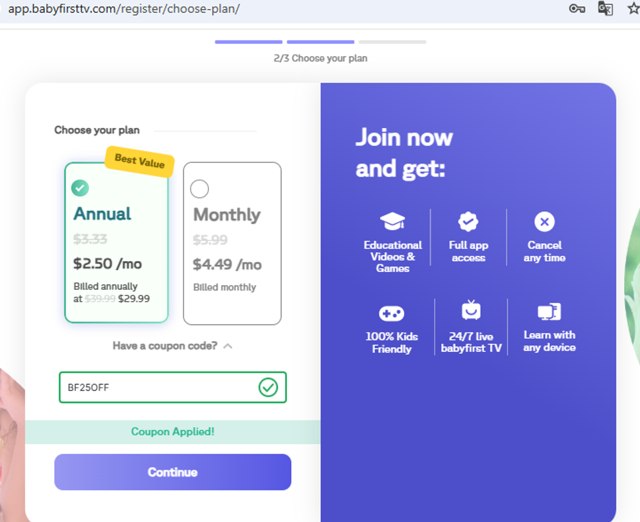 Baby First TV checkout page showing Baby First TV promo code box | Screenshot taken by SimplyCodes community member on Feb 4, 2025