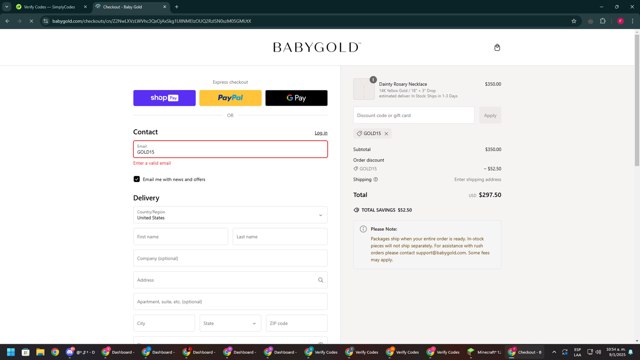 Baby Gold checkout page showing Baby Gold discount code box | Screenshot taken by SimplyCodes community member on Jan 9, 2025