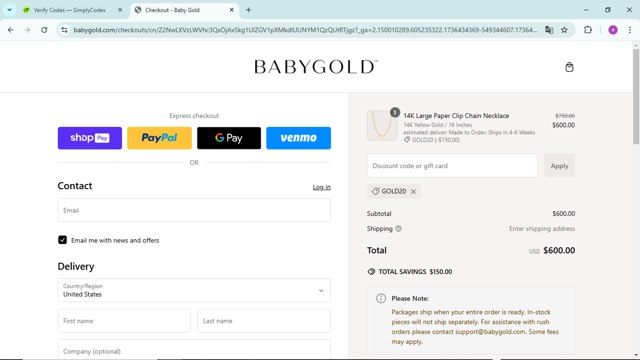 Baby Gold checkout page showing Baby Gold discount code box | Screenshot taken by SimplyCodes community member on Jan 9, 2025