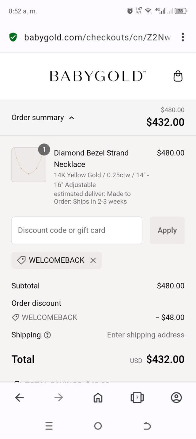 Baby Gold checkout page showing Baby Gold discount code box | Screenshot taken by SimplyCodes community member on Dec 31, 2024
