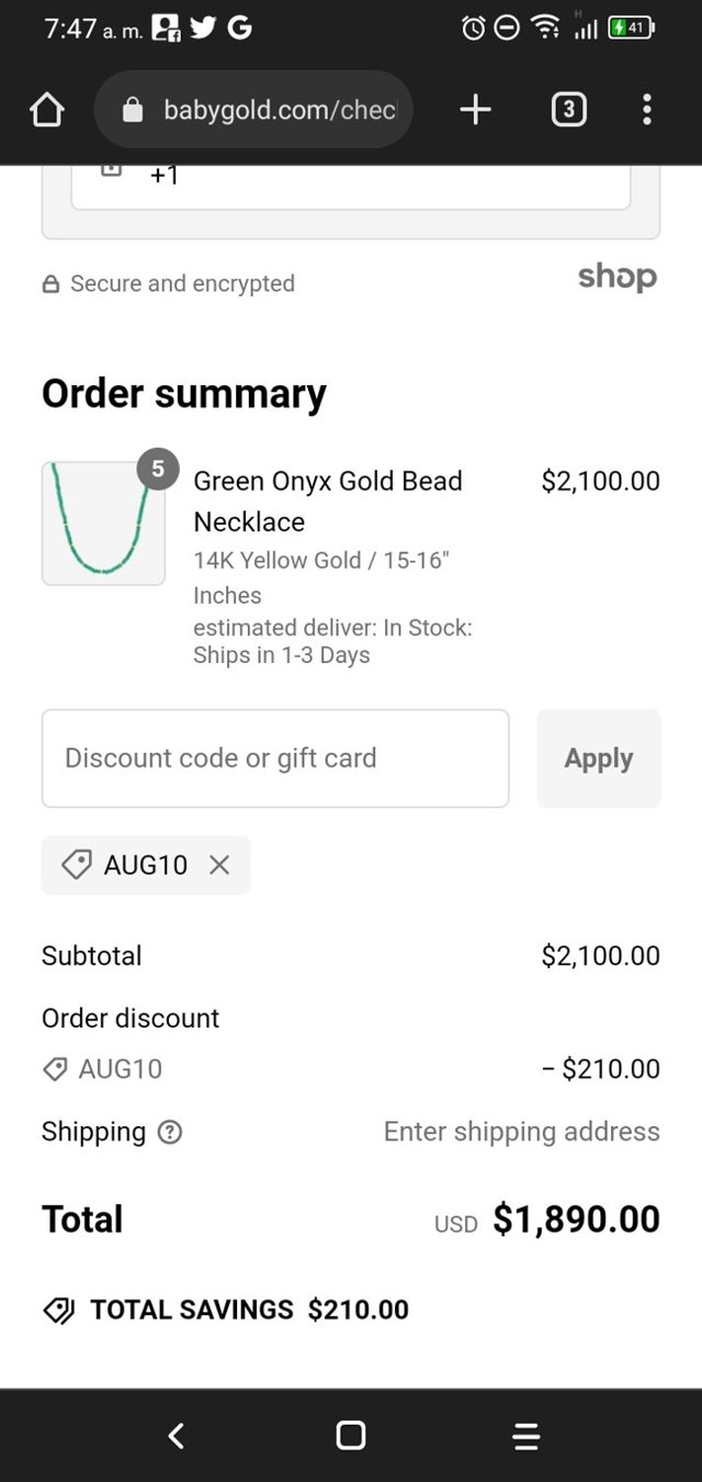Baby Gold checkout page showing Baby Gold discount code box | Screenshot taken by SimplyCodes community member on Jan 29, 2025