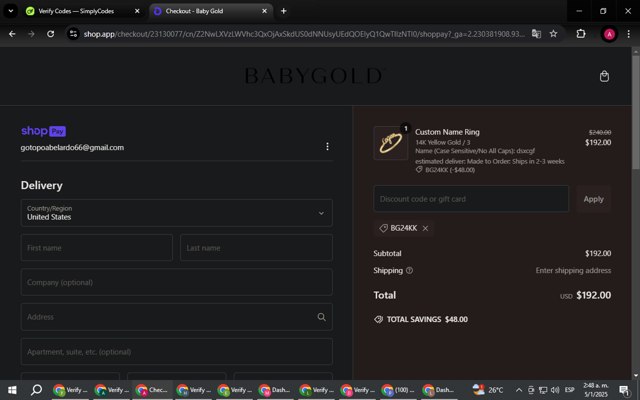 Baby Gold checkout page showing Baby Gold discount code box | Screenshot taken by SimplyCodes community member on Jan 5, 2025
