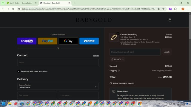 Baby Gold checkout page showing Baby Gold discount code box | Screenshot taken by SimplyCodes community member on Jan 10, 2025