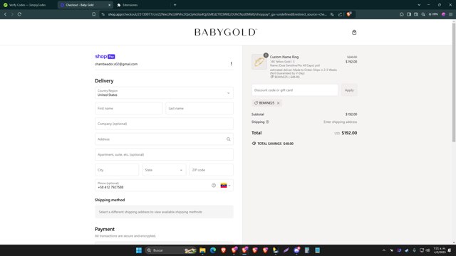 Baby Gold checkout page showing Baby Gold discount code box | Screenshot taken by SimplyCodes community member on Feb 4, 2025