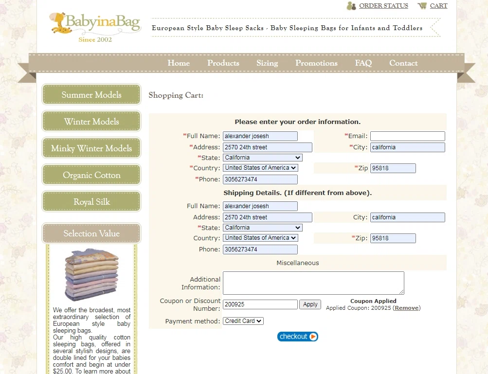 Baby in a Bag checkout page showing Baby in a Bag promo code box | Screenshot taken by SimplyCodes community member on Apr 26, 2021