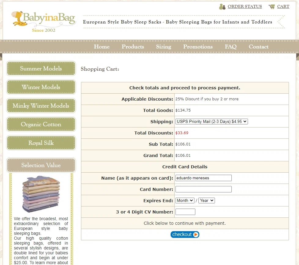 Baby in a Bag checkout page showing Baby in a Bag promo code box | Screenshot taken by SimplyCodes community member on Oct 15, 2020