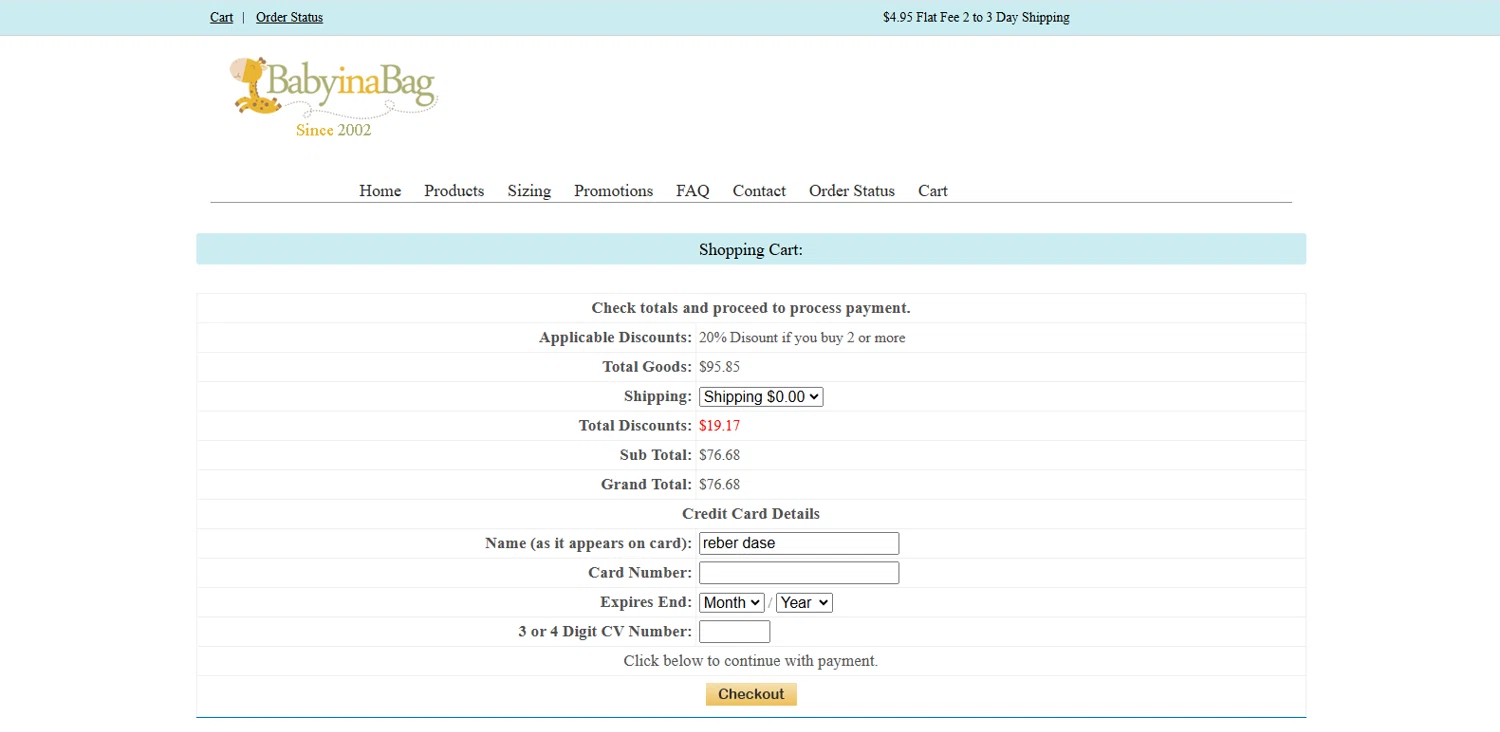 Baby in a Bag promo code screenshot showing code THX20 applied at Baby in a Bag checkout page. Uploaded by SimplyCodes community member dimitriv on Jan 9, 2025