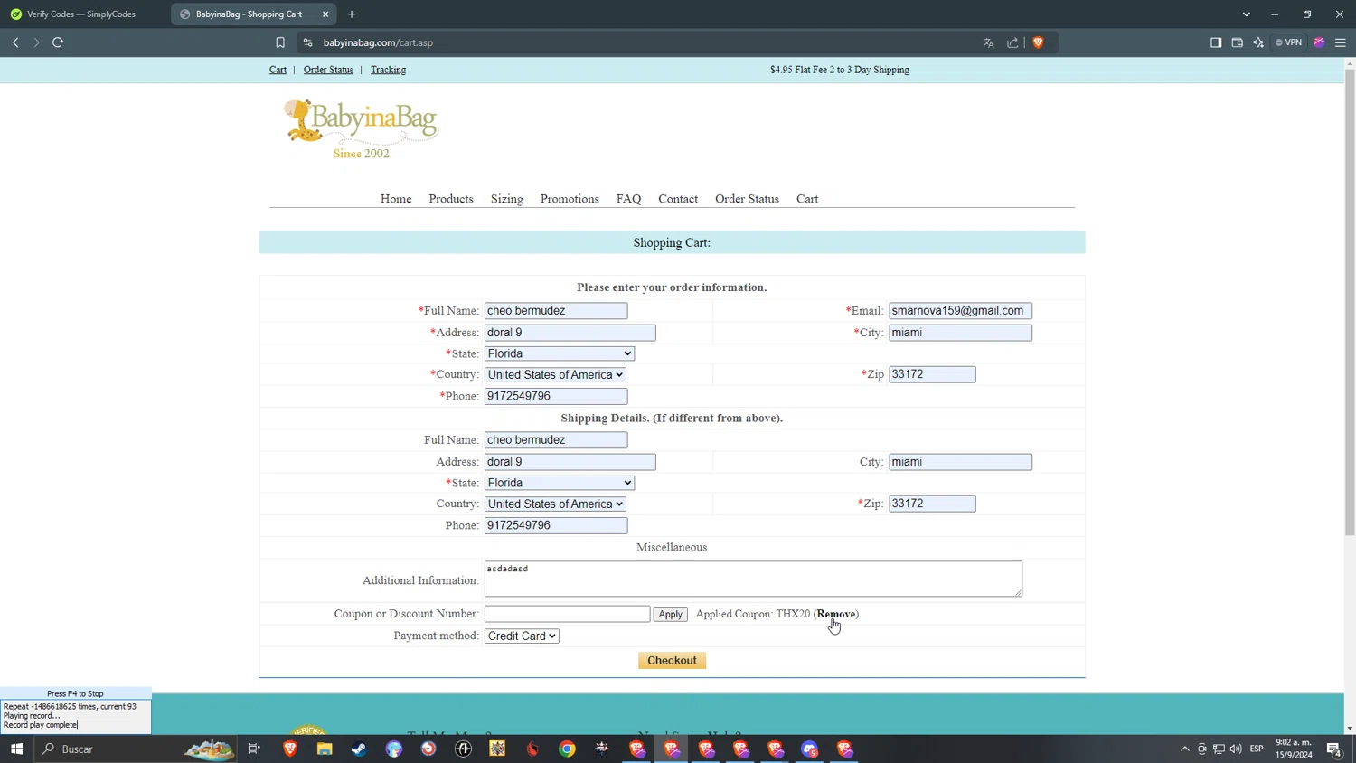 Baby in a Bag checkout page showing Baby in a Bag promo code box | Screenshot taken by SimplyCodes community member on Sep 15, 2024
