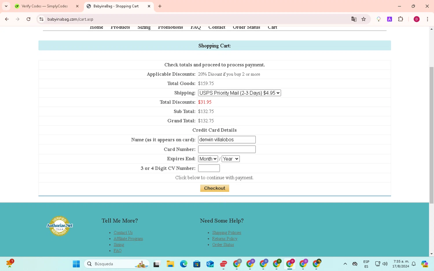 Baby in a Bag checkout page showing Baby in a Bag promo code box | Screenshot taken by SimplyCodes community member on Aug 17, 2024