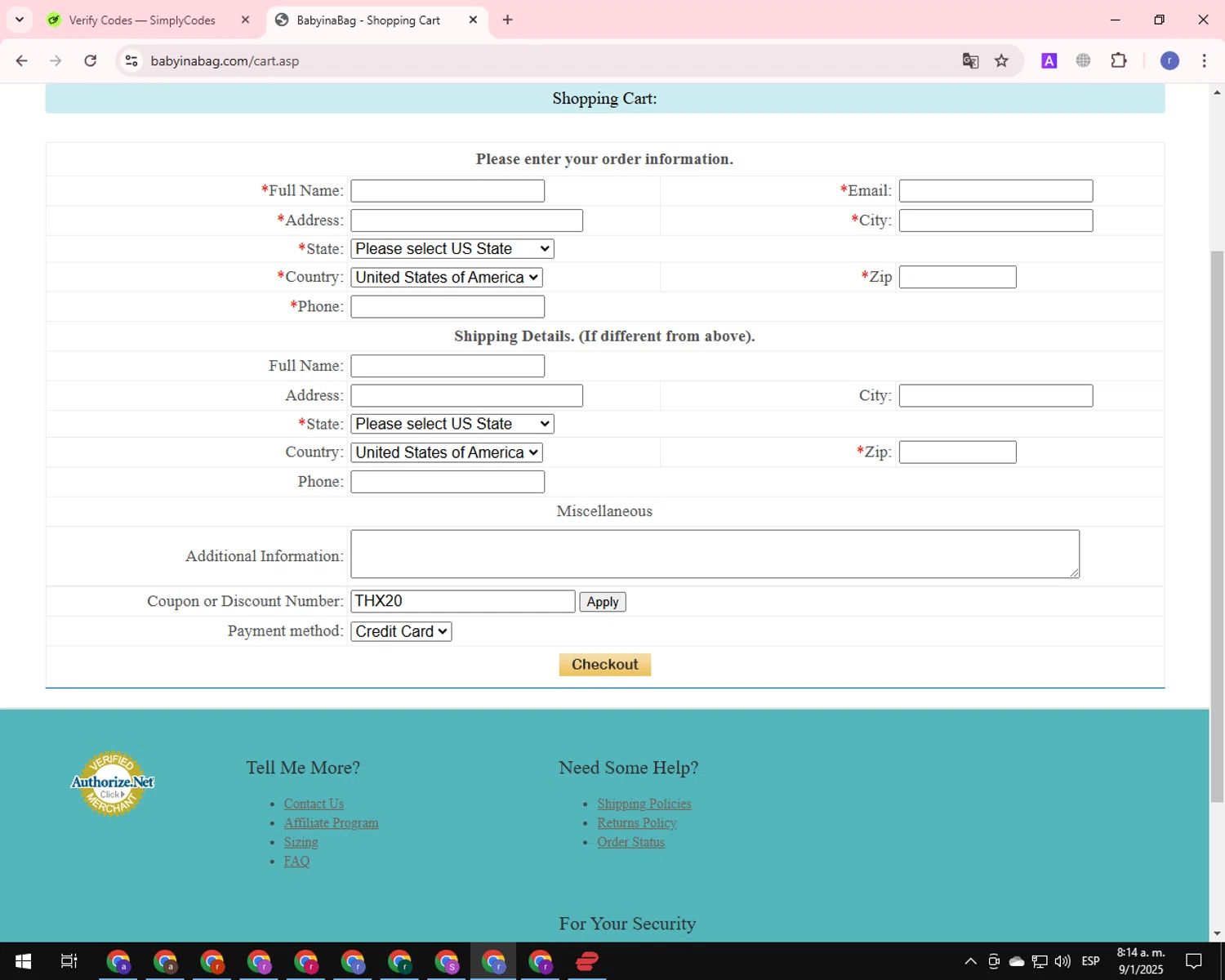 Baby in a Bag promo code screenshot showing code THX20 applied at Baby in a Bag checkout page. Uploaded by SimplyCodes community member QuestLion3125 on Jan 9, 2025