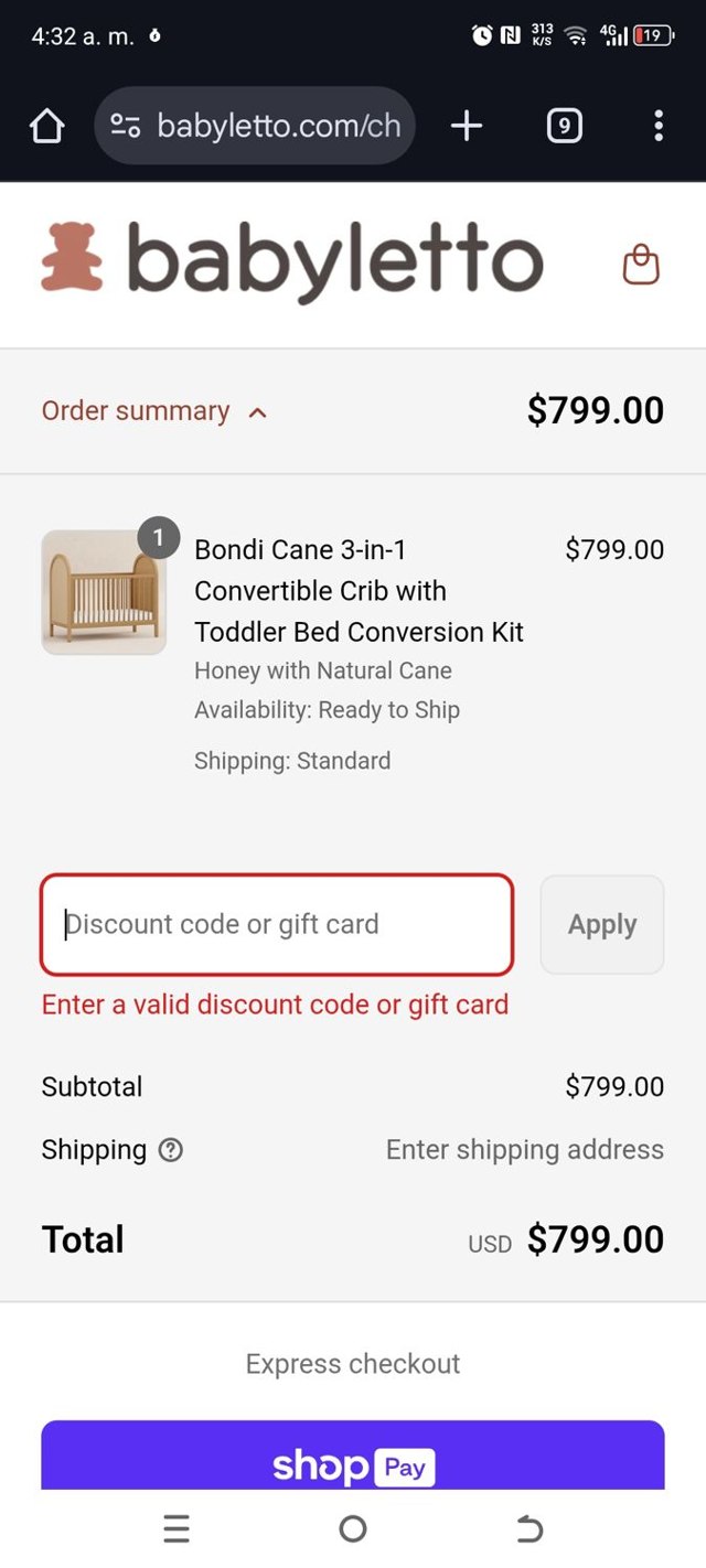 Babyletto checkout page showing Babyletto discount code box | Screenshot taken by SimplyCodes community member on Jul 29, 2025
