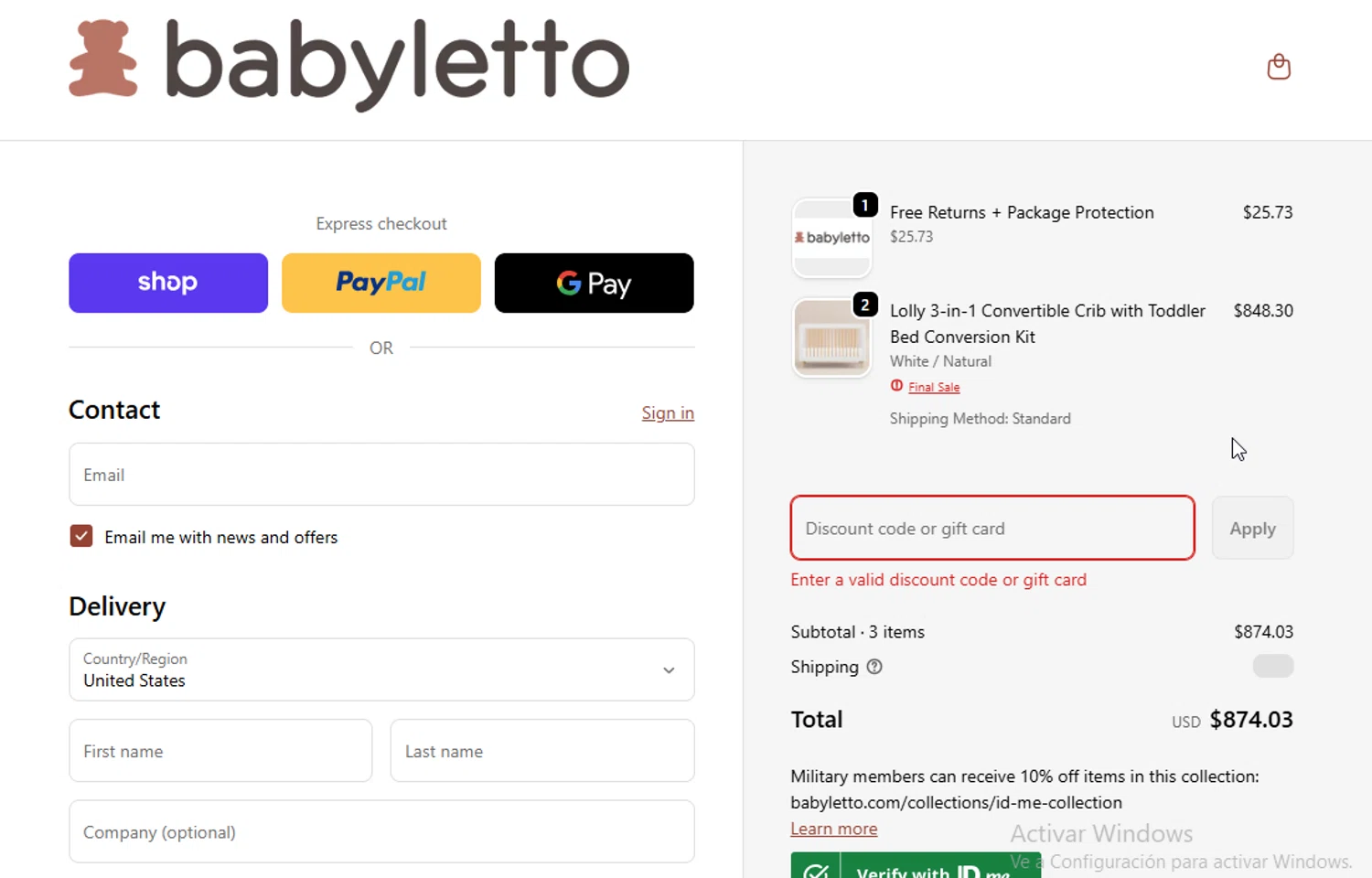Babyletto promo code screenshot showing code FRIENDSOFBRIAR10 applied at Babyletto checkout page. Uploaded by SimplyCodes community member ligthYA on Jan 19, 2026