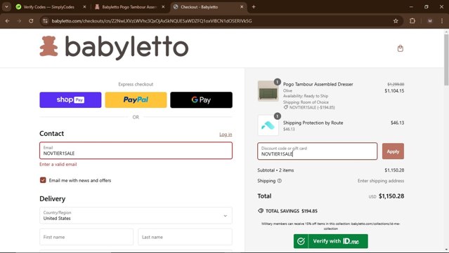 Babyletto checkout page showing Babyletto discount code box | Screenshot taken by SimplyCodes community member on Nov 15, 2024