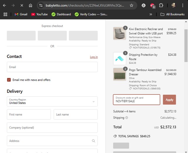 Babyletto checkout page showing Babyletto discount code box | Screenshot taken by SimplyCodes community member on Nov 11, 2024