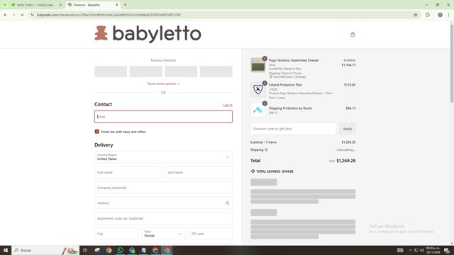 Babyletto checkout page showing Babyletto discount code box | Screenshot taken by SimplyCodes community member on Nov 15, 2024