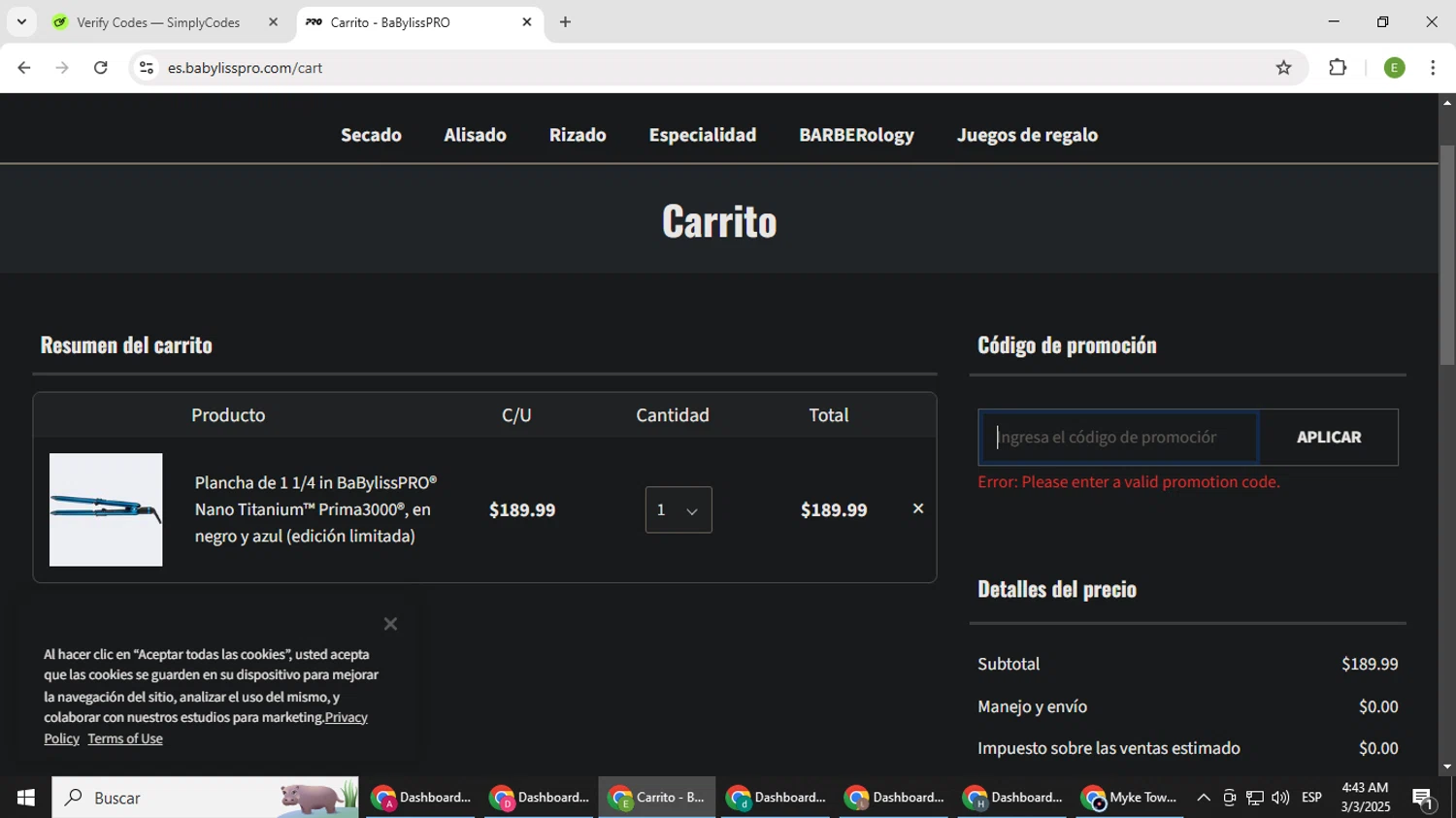 BaBylissPRO checkout page showing BaBylissPRO promo code box | Screenshot taken by SimplyCodes community member on Mar 3, 2025