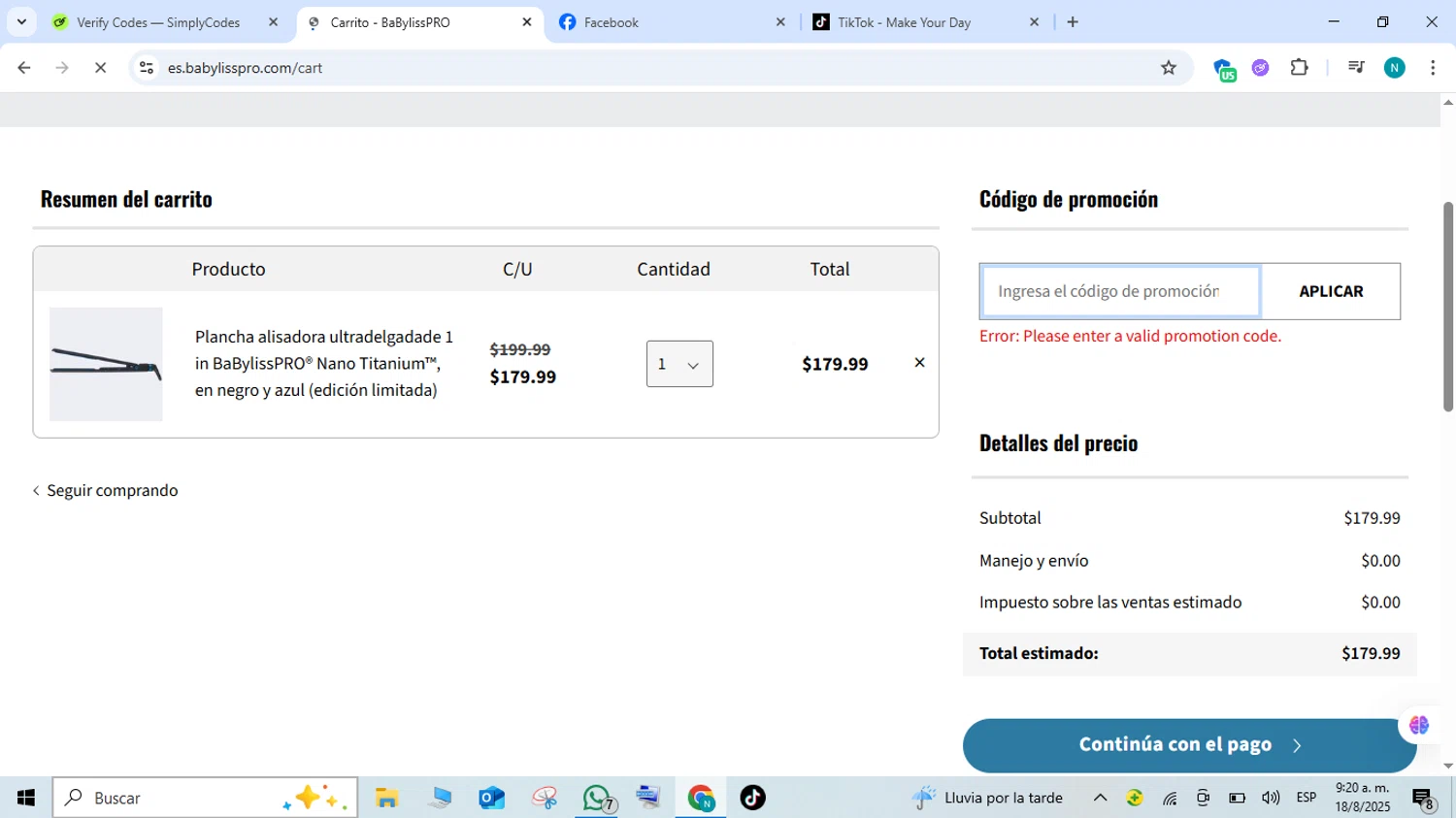 BaBylissPRO promo code screenshot showing code GET10 applied at BaBylissPRO checkout page. Uploaded by SimplyCodes community member FortunateEagle7007 on Aug 18, 2025