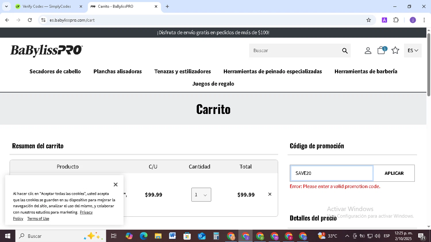 BaBylissPRO promo code screenshot showing code SAVE20 applied at BaBylissPRO checkout page. Uploaded by SimplyCodes community member TAZ2024 on Oct 2, 2025