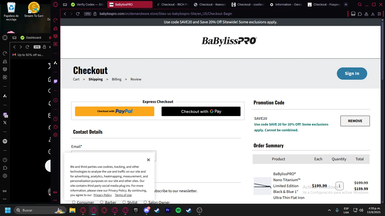 BaBylissPRO checkout page showing BaBylissPRO promo code box | Screenshot taken by SimplyCodes community member on Sep 13, 2025