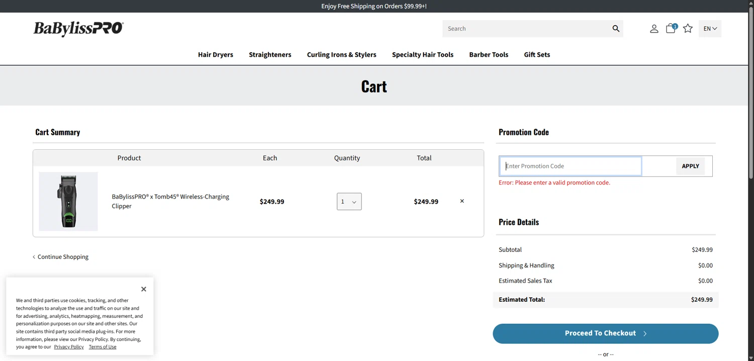 BaBylissPRO promo code screenshot showing code Spooky15 applied at BaBylissPRO checkout page. Uploaded by SimplyCodes community member VoucherVirtuoso5207 on Nov 11, 2025
