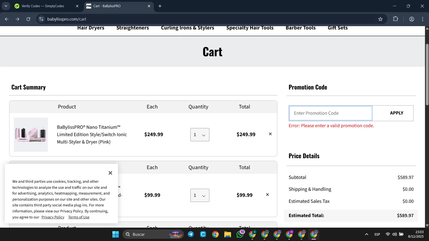 BaBylissPRO promo code screenshot showing code early30 applied at BaBylissPRO checkout page. Uploaded by SimplyCodes community member CleverFalcon6244 on Dec 9, 2025