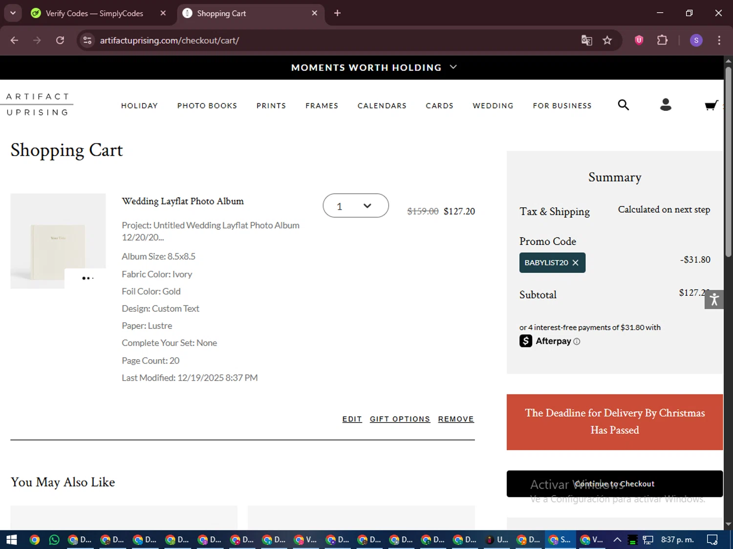 Babylist promo code screenshot showing code BABYLIST20 applied at Babylist checkout page. Uploaded by SimplyCodes community member LuckyVoyager688 on Dec 20, 2025