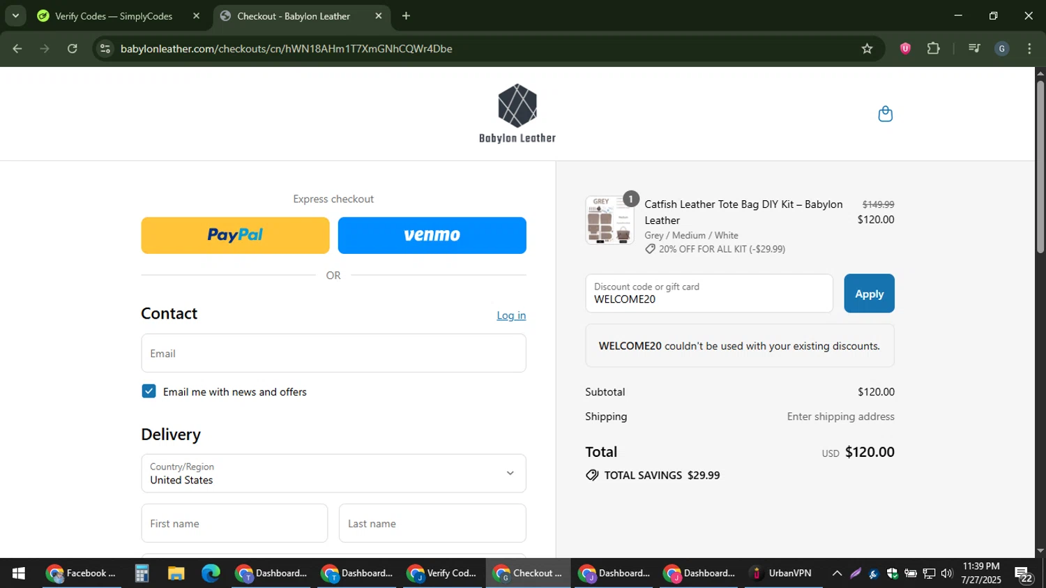 Babylon Leather coupon code screenshot showing code WELCOME20 applied at Babylon Leather checkout page. Uploaded by SimplyCodes community member gabinharris55 on Jul 28, 2025