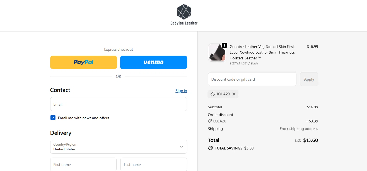 Babylon Leather coupon code screenshot showing code Lola20 applied at Babylon Leather checkout page. Uploaded by SimplyCodes community member MagnificentCurator5441 on Dec 29, 2025
