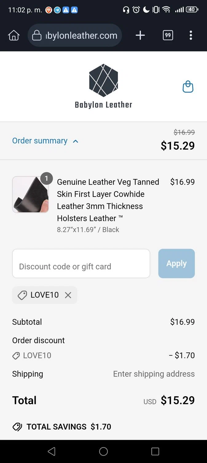 Babylon Leather coupon code screenshot showing code LOVE10 applied at Babylon Leather checkout page. Uploaded by SimplyCodes community member George07 on May 30, 2025