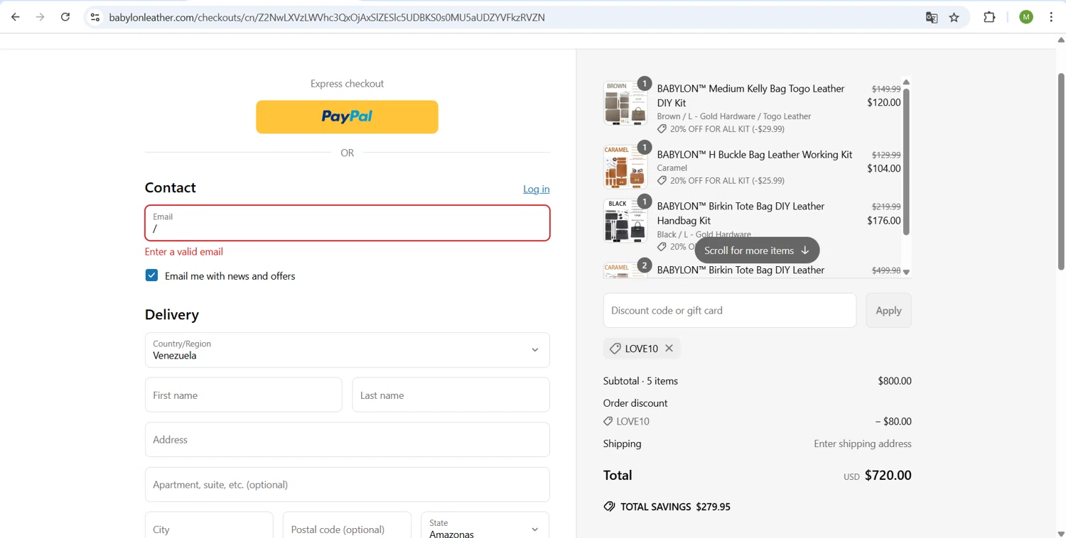 Babylon Leather coupon code screenshot showing code LOVE10 applied at Babylon Leather checkout page. Uploaded by SimplyCodes community member ScanHunter7116 on May 16, 2025